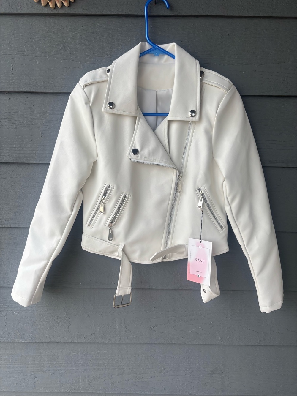 Cream Faux-Leather Moto Jacket with Belted Hem